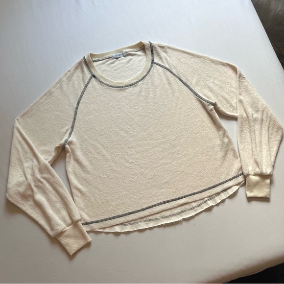 CANAPÉ cream ivory terry cloth knit contrast stitch fray raw hem boxy sweater - Picture 1 of 6